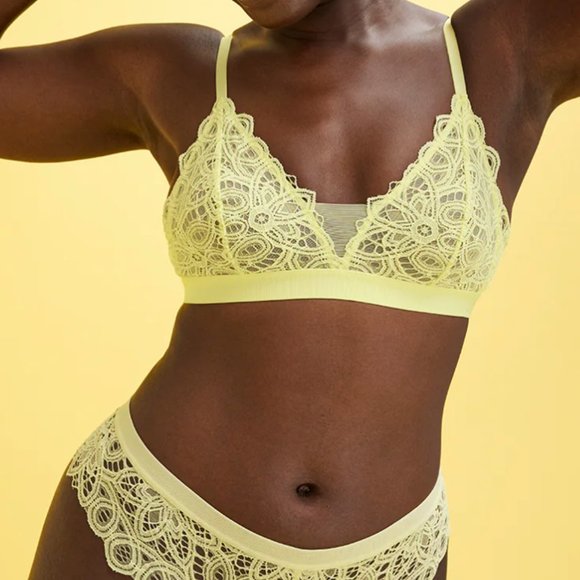 NWT Thirdlove Yellow Lace Bralette 1X Plunge Sexy Floral Mesh See Throug… - Picture 2 of 5